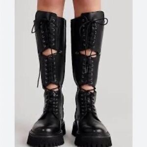 Free People Miller Lace-Up Combat Knee-High Boots, Black, 8.5 ($120)